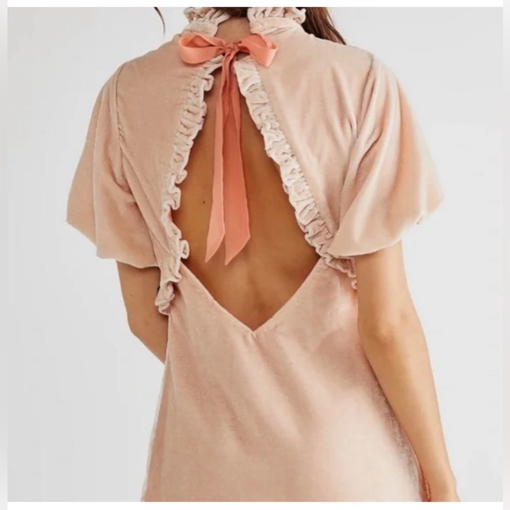 Free People Gum Drop Mini Dress Champagne Toast Baby Pink Large Open Back - Picture 2 of 8